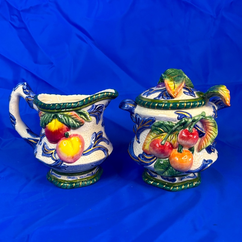 Vintage Fitz and Floyd Florentine Fruit Cream and Sugar with Spoon Set